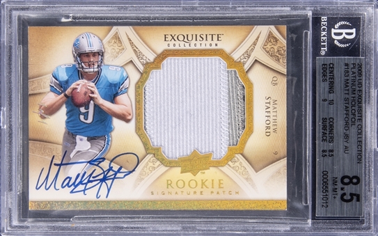 2009 UD “Exquisite Collection” Rookie Signature Patch Platinum Holofoil #183 Matt Stafford Signed Patch Rookie Card (#1/1) - BGS NM-MT+ 8.5/BGS 10